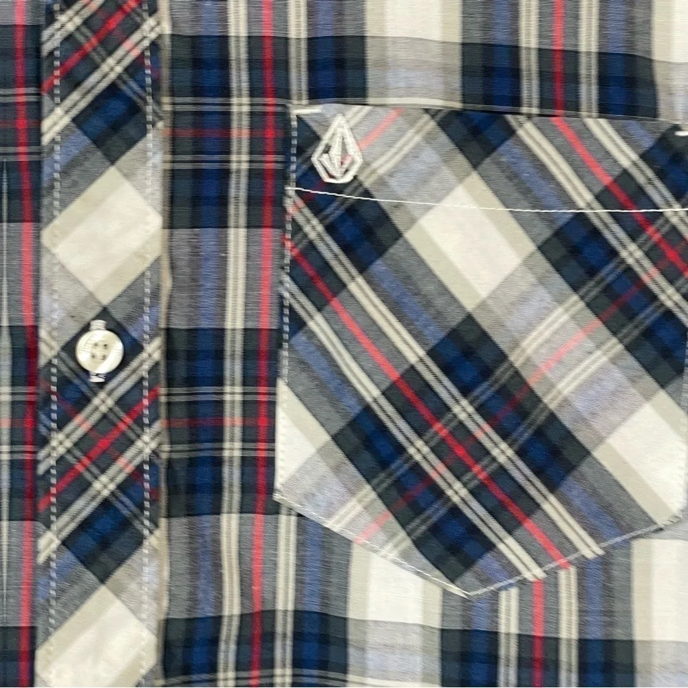 Volcom Boys Shirt Button Down Plaid Black Red and White Casual Kids Size XL